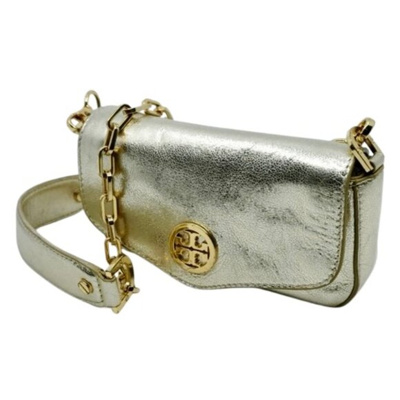 TORY BURCH~Mini Robinson~METALLIC GOLD LEATHER CROSSBODY CLUTCH MINI BAG - Picture 2 of 5